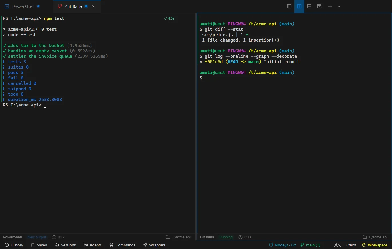 Two panes side by side: PowerShell running npm test and Git Bash showing git diff and git log