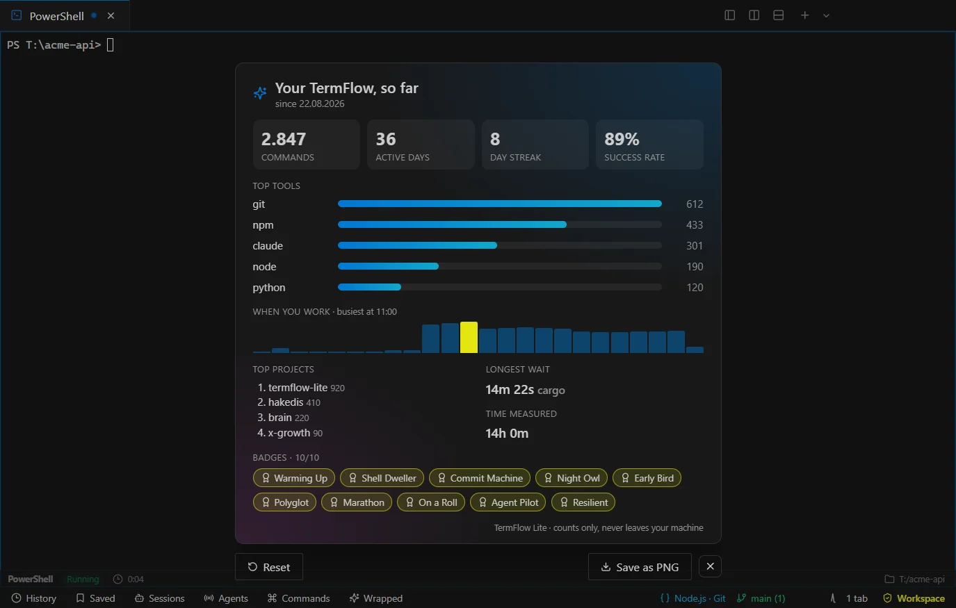TermFlow Wrapped card with command counts, top tools, an hourly chart and badges